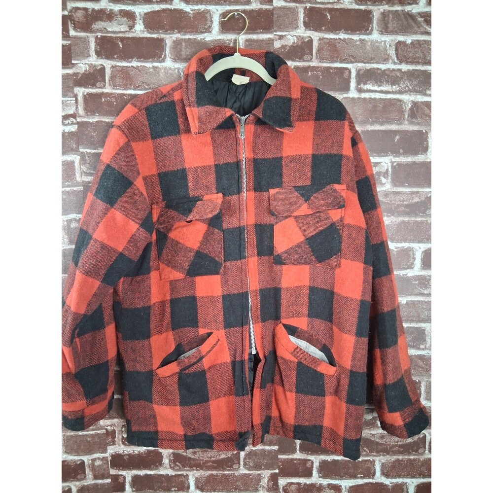 Vintage 1970s Jacket Mens Medium Red Black Buffalo Plaid Check Coat Wool Hunting